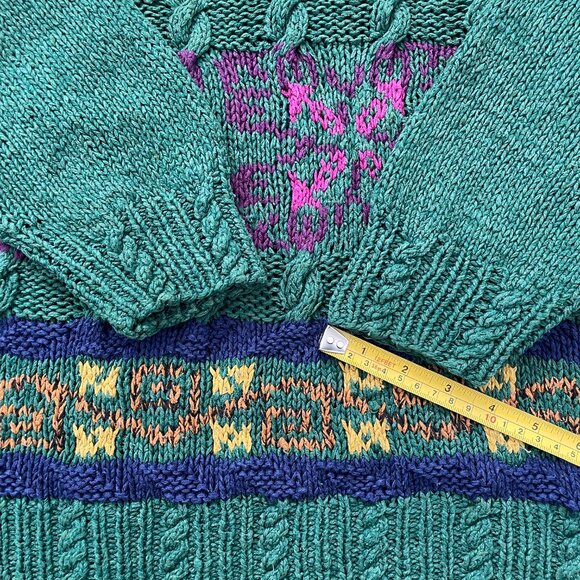 Vintage 90s Cabin Fever Sweater Women Large Hand Knitted Green Flowers Grandma - Picture 11 of 16